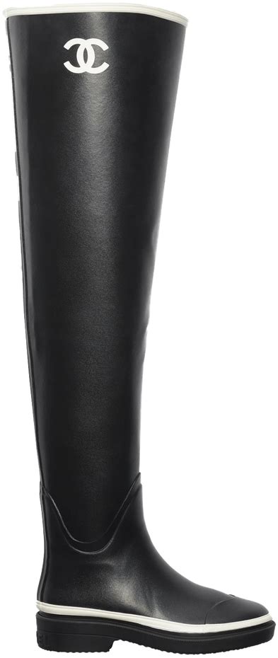 black chanel thigh high boots|Chanel Thigh High Rubber Rain Boots Black .